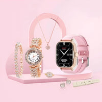 Coffret montre connectée et bijoux 7 en 1 - (1 montre connectée + 1 bracelet interchangeable + 1 montre élégante + 1 bague + 1 bracelet + 1 collier + 1 paire de boucles d’oreilles) - Livraison offerte