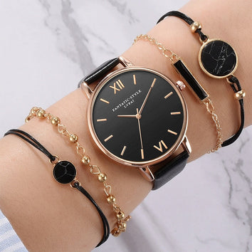 Montre analogique à quartz bracelet cuir pour femme avec 4 bracelets - Livraison offerte